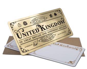 Deluxe UK Golden Ticket card with envelope. Perfect for surprise trips to the United Kingdom!