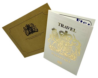 White (with Gold Foil) Passport Scratch & Reveal Travel Ticket Surprise DIY Card. For valentines, holiday, anniversary, birthday, trips away