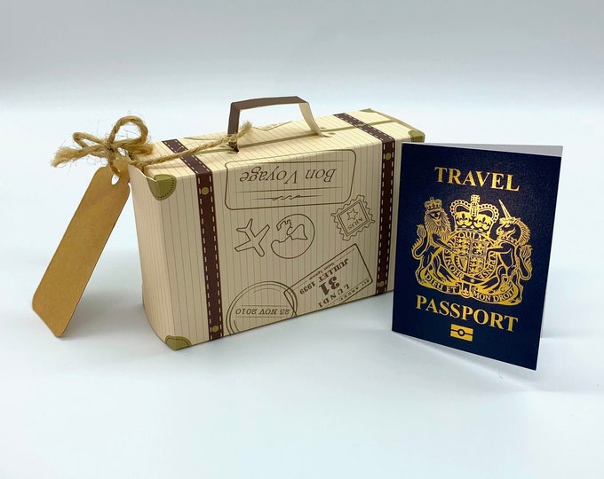 DIY Surprise Mini Suitcase & Mini GOLD effect Passport Reveal Gift bundle (DIY). Perfect for Valentine, birthday, family trips away!