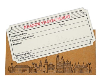 Krakow White (with Gold Shimmer effect) Travel Ticket and Envelope (DIY). Krakow themed (Do It Yourself) ticket surprise holiday gift.