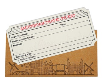 Amsterdam White (with Gold Shimmer effect) Travel Ticket and Envelope (DIY). Amsterdam themed (Do It Yourself) ticket surprise holiday gift.