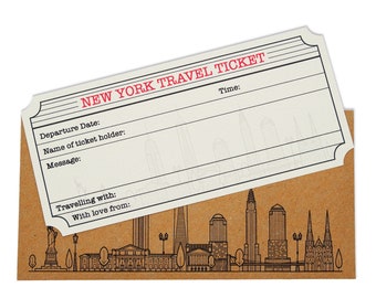 New York White (with Gold Shimmer effect) Travel Ticket and Envelope (DIY). New York themed (DIY) ticket surprise holiday gift.