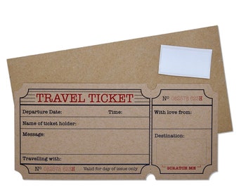DIY Brown Travel Ticket Holiday Surprise Card, Scratch & Reveal your Surprise Destination. Perfect for valentines, birthdays, anniversary