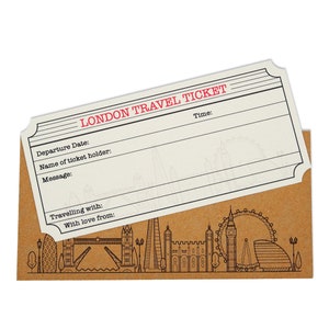 Billete de viaje y sobre de Londres en color blanco (con efecto dorado brillante) (DIY). Billete sorpresa para las vacaciones con temática de Londres (DIY).
