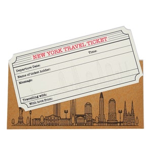 New York White (with Gold Shimmer effect) Travel Ticket and Envelope (DIY). New York themed (DIY) ticket surprise holiday gift.