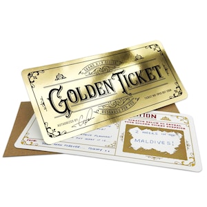 Billet doré de luxe à gratter et à révéler et enveloppe. Parfait pour toute surprise, vacances, concerts, cadeaux d'anniversaire, lui/elle ! Fabriqué au Royaume-Uni.