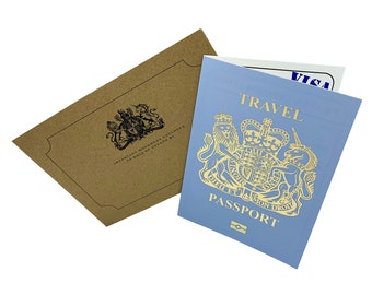 Baby Blue (with Gold Foil) Passport Scratch and Reveal Travel Ticket Surprise DIY Gift Card. Perfect for valentine, holiday, anniversary etc