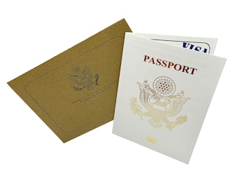 USA White and Gold Foil Passport Scratch & Reveal Travel Ticket Surprise DIY Card. American holiday, anniversary, birthday, valentines