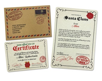 May include: A personalized Christmas letter from Santa Claus to Alice. The letter is written on a cream-colored paper with a red Santa Claus seal. The letter includes a personalized message and a certificate stating that Alice is on the official nice list.