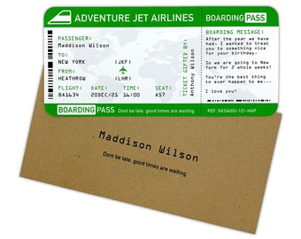 Personalised Boarding Pass Travel Ticket, Surprise Gift with Kraft Envelope