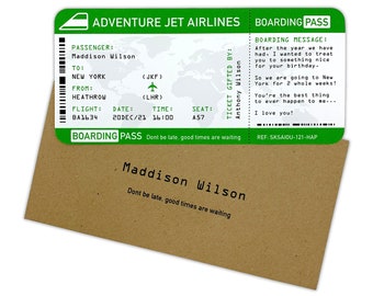 Surprise Holiday Boarding Pass and Envelope. Green, Red or Blue ticket surprise holiday gift.