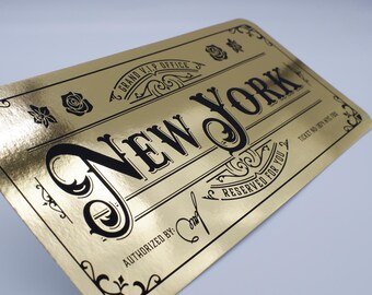 Deluxe New York Golden Ticket card with envelope. Perfect for surprise trips to New York!