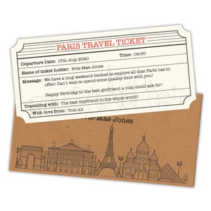 Billete de viaje personalizado a París y sobre. Billete sorpresa con temática de París como regalo de vacaciones.