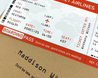 Surprise Boarding Pass card and Envelope. Green, Red or Blue ticket surprise holiday gift.