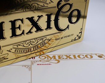 Deluxe Mexico Golden Ticket card with envelope. Perfect for surprise trips to Mexico!