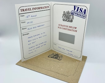 Gold Foil UK Passport Scratch Reveal Travel Ticket Surprise DIY Card For valentines, holiday, anniversary, birthday, trips away