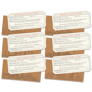 Bilhete de Viagem Personalizado e Envelope com Tema de Ícone da Cidade. Amsterdã, Cracóvia, Paris, Nova York, Roma, Londres. Presente Surpresa de Natal.