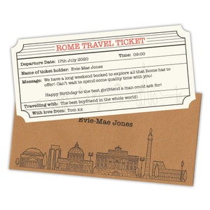 Bilhete de viagem personalizado e envelope para Roma. Ingresso temático para presente surpresa de fim de ano.