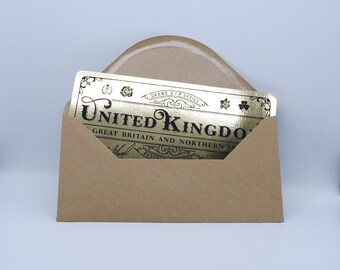 Deluxe UK Golden Ticket card with envelope. Perfect for surprise trips to the United Kingdom!