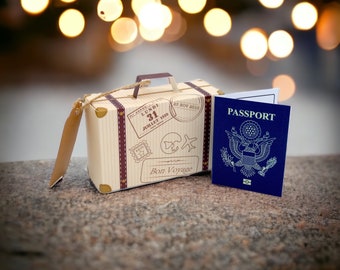 DIY Surprise Mini GOLD foil USA Passport & Mini Suitcase Reveal Gift bundle. Perfect for Valentine trips away! United States of America trip