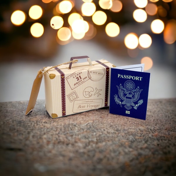 DIY Surprise Mini GOLD foil USA Passport & Mini Suitcase Reveal Gift bundle. Perfect for Valentine trips away! United States of America trip