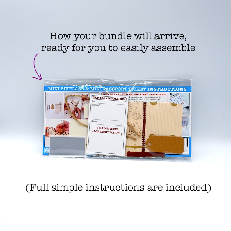 May include: A clear plastic bag containing a mini suitcase and passport ticket craft kit. The kit includes a small suitcase, a passport ticket, a tag, and instructions. The instructions include a message section, a "scratch here for destination" section, and a "please read before you start the ticket" section.