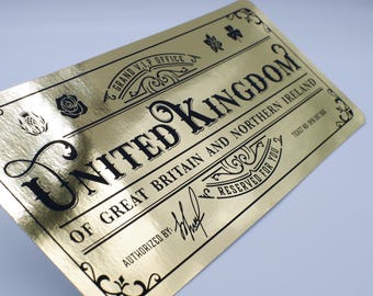 Deluxe UK Golden Ticket card with envelope. Perfect for surprise trips to the United Kingdom!