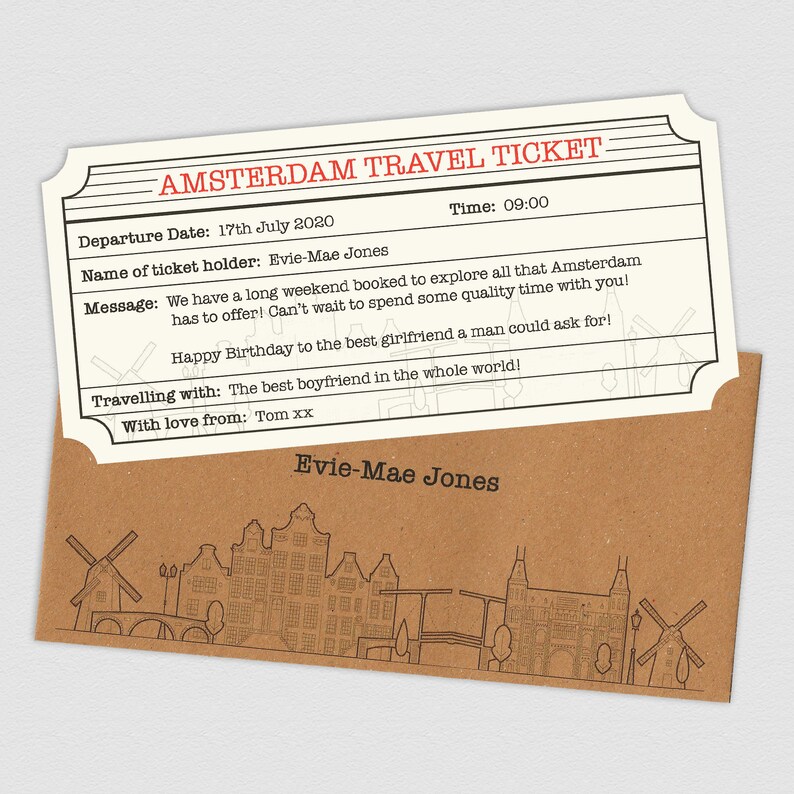 Billet de voyage personnalisé dAmsterdam et enveloppe. Etsy