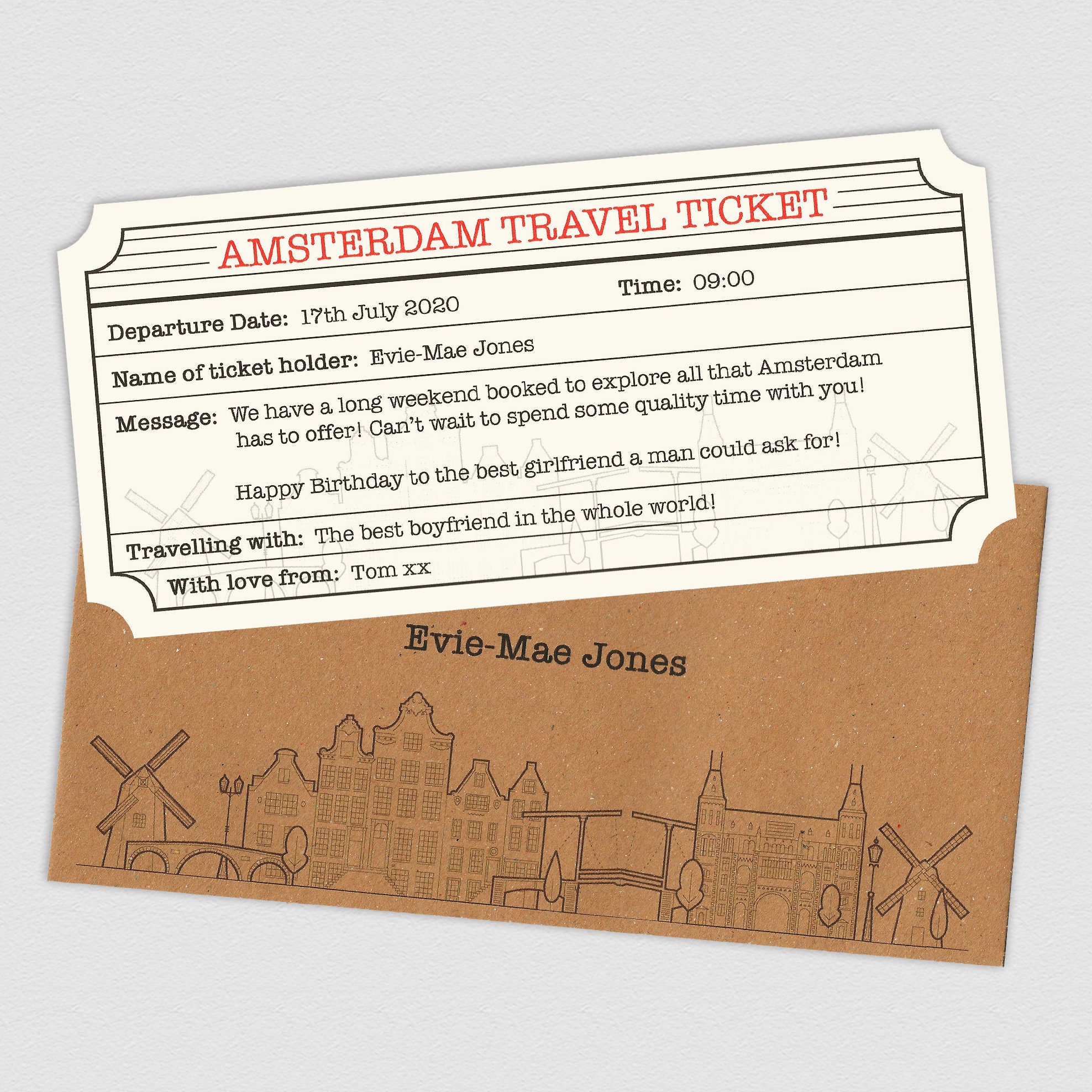 Amsterdam Personalised Travel Ticket and Envelope