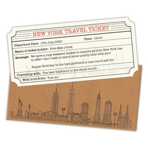 New York Personalised Travel Ticket and Envelope. New York themed ticket surprise holiday gift.