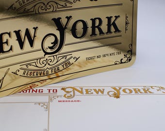 Deluxe New York Golden Ticket card with envelope. Perfect for surprise trips to New York!