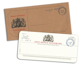 Post Office Vintage Telegram on White/Gold shimmer card with Kraft Envelope (DIY)