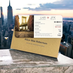 New York Card Boarding Pass & Envelope. Perfect for a holiday gift for anniversary, birthday, retirement. Choice of pictures