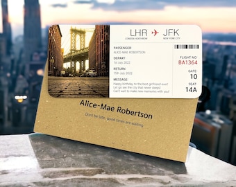 New York Card Boarding Pass & Envelope. Perfect for a holiday gift for anniversary, birthday, retirement. Choice of pictures