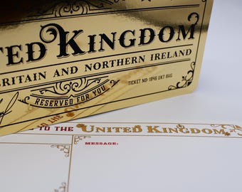 Deluxe UK Golden Ticket card with envelope. Perfect for surprise trips to the United Kingdom!