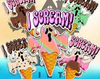 I Scream Ghost Ice Cream Cone – Summerween Sticker | Cute Spooky Ghostie Art in 5 Flavors – Halloween in Summer Aesthetic