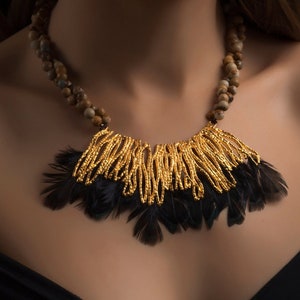 Gold Statement Necklace, Sophisticated Necklace, Black Feathers Necklace, Semiprecious Necklace, Unique Necklace, Mother Gift
