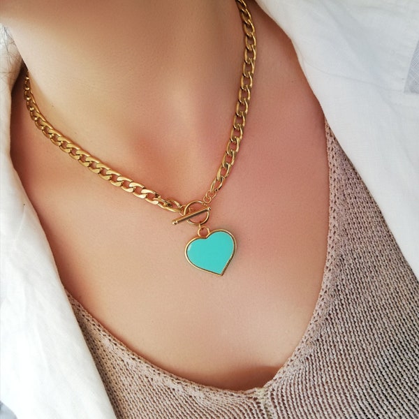 Big Heart Necklace, Big Turquoise Green Heart Necklace, Heart Necklace, Girlfriend Gift, Love Necklace, Gift for Her