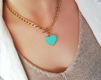 Big Heart Necklace, Big Turquoise Green Heart Necklace, Heart Necklace, Girlfriend Gift, Love Necklace, Gift for Her