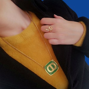 Green Square Pendant, Green and Gold Necklace, Green Enamel Necklace, Chunky Green Pendant, Fashion Necklace, Statement Necklace