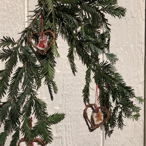 Rustic mini heart twig ornaments, with fabric insert stocking, teddy bear and gingerbread man, set of 3