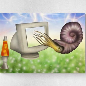 May include: A digital computer monitor with a swirling, purple and yellow ammonite emerging from the screen. The monitor is on a green grassy field with a lava lamp to the left.