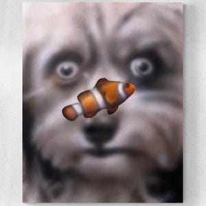 Surreal Clownfish & Dog Painting – Airbrush Acrylic on Canvas – Contemporary Surrealism Wall Art (40x50 cm)