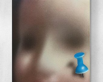 May include: An abstract painting with a blurred, textured background in shades of brown, beige, and white. A bright blue push pin is affixed to the canvas, adding a pop of color and a sense of scale to the artwork.