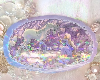 Jumbo 4 Inch Unicorn Pastel Unicorn w/ Girl Brook Holographic Sticker