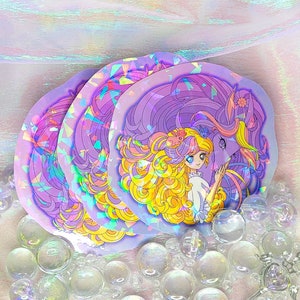 Pegatina de vinilo holográfica de arcoíris retro de los años 80, de princesa y unicornio, de 4 pulgadas, con diseño de dama y caballo morado