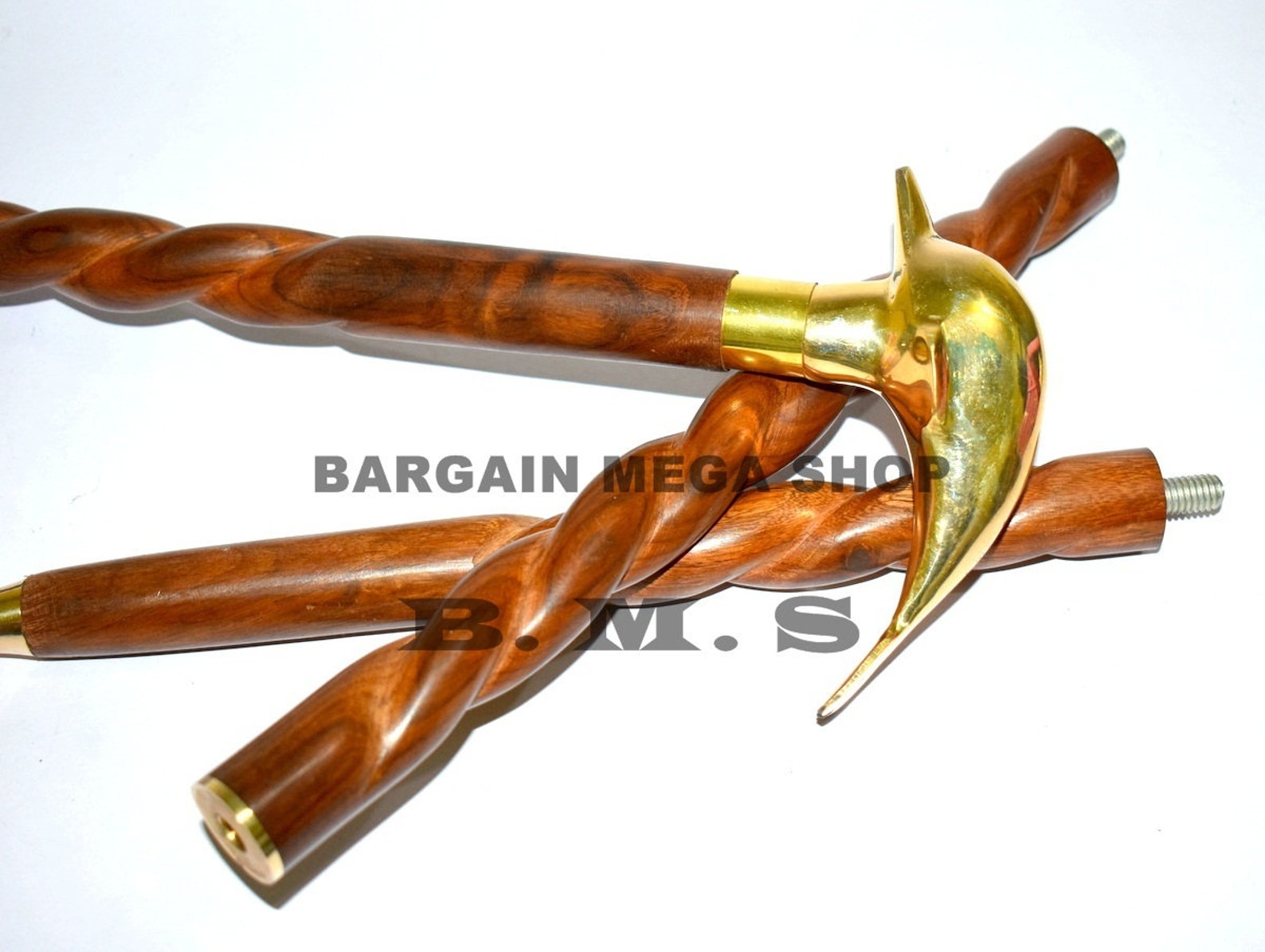 Brass Walking Stick Head Handle Knob Wooden Shaft Cane Spiral Etsy