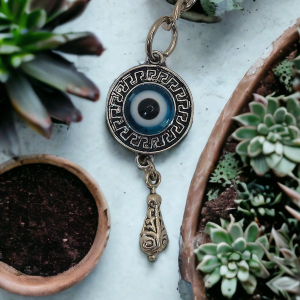 Evil eye keychain -  bag charm in silver color with meander pattern - Greek mati amulet keyring - protective amulet