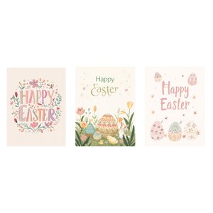 Puede incluir: Tres tarjetas de felicitación con temática de Pascua. La primera tarjeta presenta el texto "Happy Easter" rodeado de una corona floral. La segunda tarjeta tiene el texto "Happy Easter" encima de una cesta y huevos de Pascua. La tercera tarjeta muestra "Happy Easter" con huevos decorados.