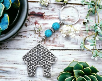 House keychain with turquoise beads, new home gifts, gifts for moving, good luck charms, keyring for the home, housewarming gift ideas
